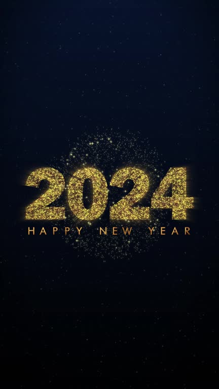 Happy New Year 2024 vertical golden fireworks. English greeting. Sparkling animated letters and numbers on dark blue background.