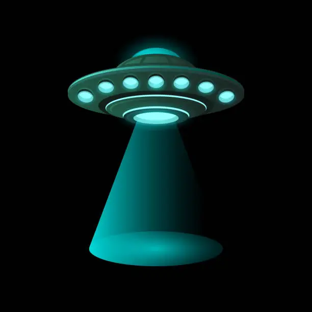 Vector illustration of UFO. Unidentified Flying Object on Black Background. Vector