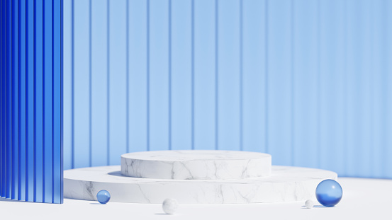 Abstract round podium with white marble texture and blue glass elements. Minimalist background for product presentation