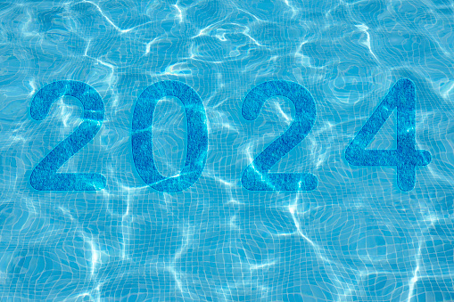 2024, Number 2024 on pool water background. Happy New Year. Greeting card