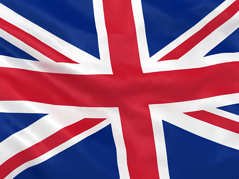 Render of the Great Britain flag flutters in the wind close-up, the national flag of Great Britain flutters in 4k resolution, close-up, colors: RGB. High quality 3d illustration