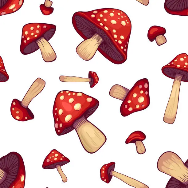 Vector illustration of Seamless Mushrooms Pattern on a White Background. Vector