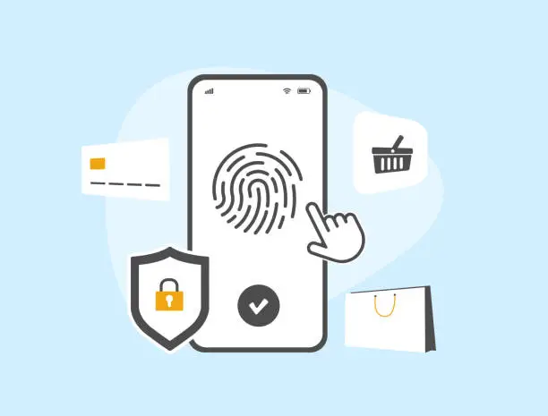 Vector illustration of M-commerce Contactless Transactions with mobile biometric authentication. Biometrics in mobile commerce concept. E-commerce payment from mobile phone using fingerprint and biometric authentication