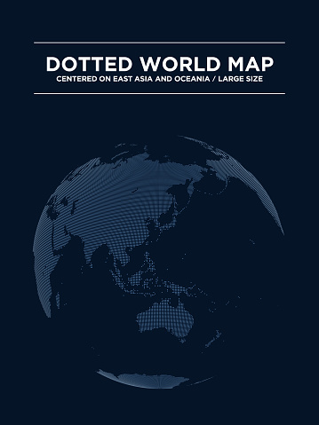 A spherical black digital dot map centered on East Asia. vector illustration.