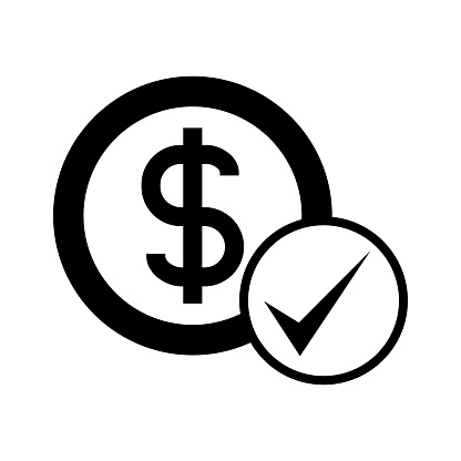 Dollar coin sign with checkmark symbol, illustration of payment confirmation icon vector