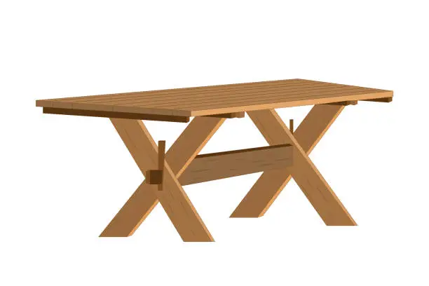 Vector illustration of Picnic wood table isolated on white background. Empty table with for garden, park or camping.