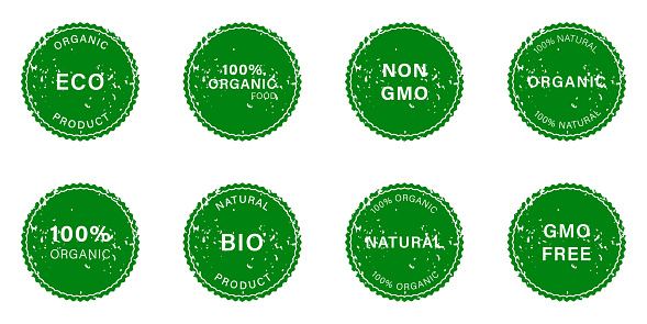 Natural Product Rubber Stamp Set. Gmo Free Grunge Label. Non Gmo Badge. Organic Vegan Eco Food Icons. Bio Healthy Cosmetic Dirty Sticker Collection. Isolated Vector Illustration.