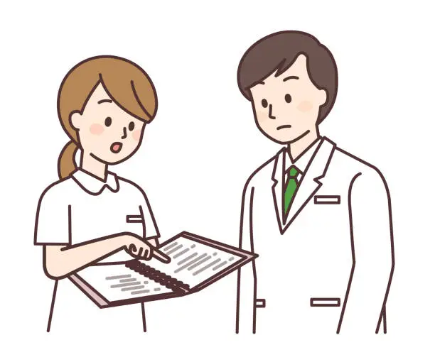 Vector illustration of Nurse checking instructions with doctor