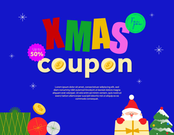 istock Merry Christmas coupon gift-giveaway event banner template with cute Santa Claus, gift boxes, pine trees, ornament, isolated on blue background. Christmas promotional gift card. Flat Vector design 1818177072