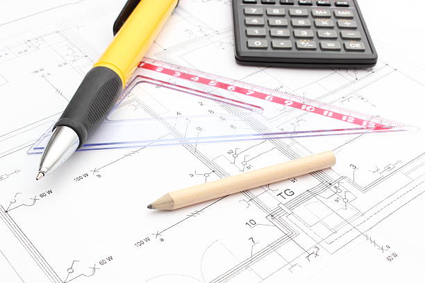 istock Drawing accesories and calculator on housing plan 181819054