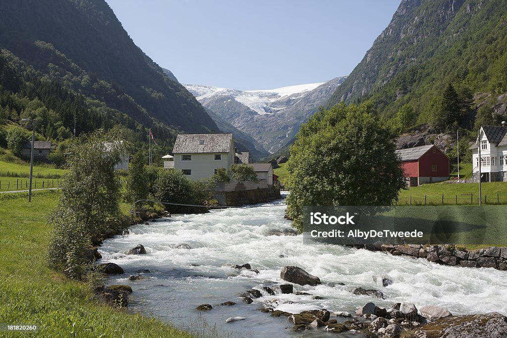 Buerdalen valley and river (Folgefonna National Park, Norway) Buerdalen valley, river and Buarbreen glacier (Folgefonna National Park, Norway) Blue Stock Photo