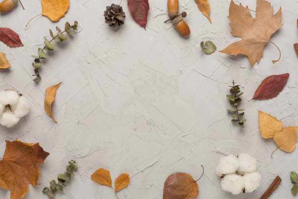 istock Autumn leaves with decor on concrete background, top view 1818218326