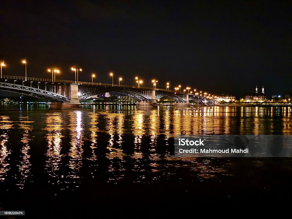 Mainz Wiesbaden Bridge Night Light Rhein River Bridge - Built Structure Stock Photo
