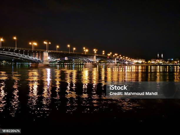Mainz Wiesbaden Bridge Night Light Rhein River Stock Photo - Download Image Now - Bridge - Built Structure, Building Exterior, City Life