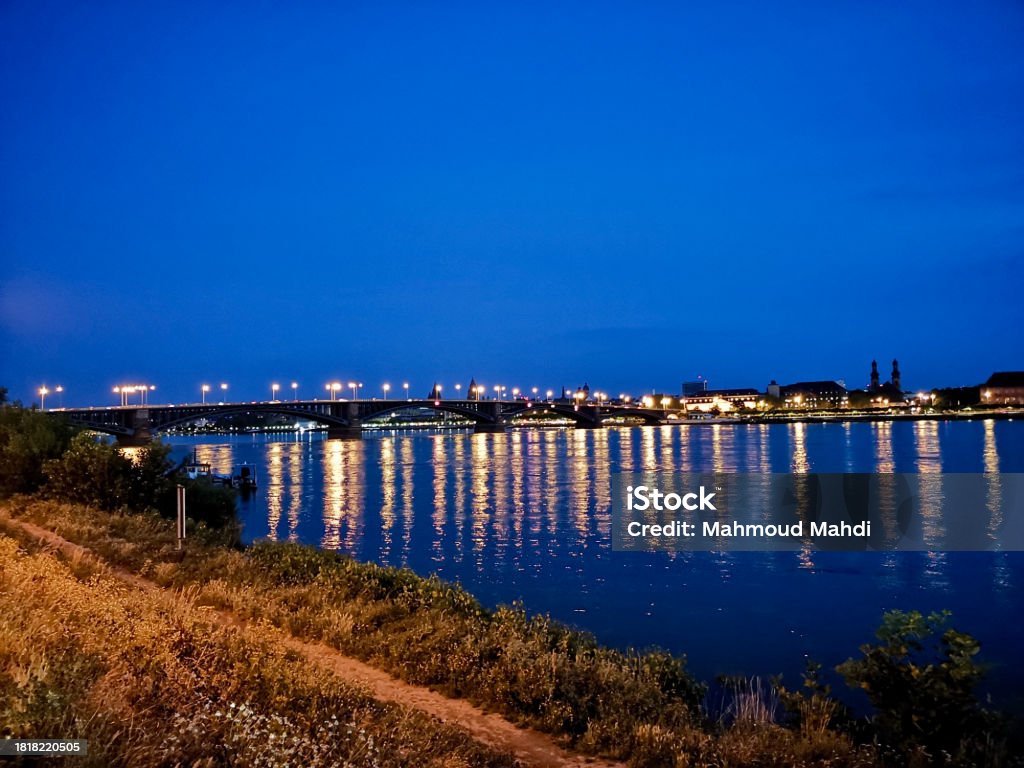 Mainz Wiesbaden Bridge Night Light Rhein River Bridge - Built Structure Stock Photo