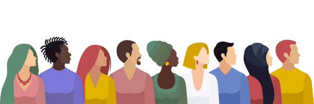 multiethnische gruppe von menschen. profilansicht einer großen gruppe von personen. banner-design. - business equality group of people multi ethnic group stock-grafiken, -clipart, -cartoons und -symbole