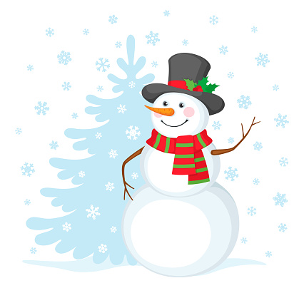 Vector illustration of a smiling snowman on the background of a Christmas tree and falling snow
