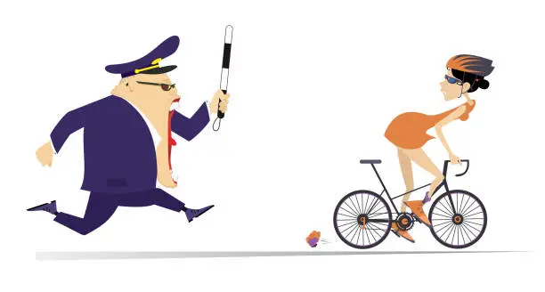 Vector illustration of Angry traffic policeman running after cyclist woman