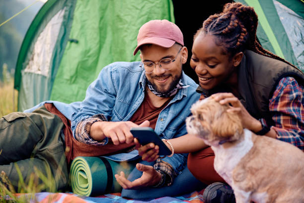 istock Happy couple with dog using cell phone while camping in nature. 1818221545
