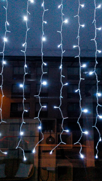 Street light Christmas decorations, white led lights. Copy space available. Vigo, Pontevedra province, Galicia, Spain.