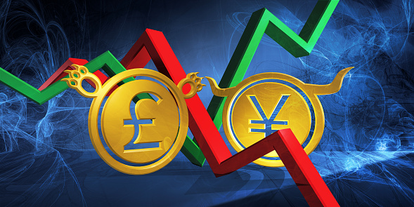 bullish jpy or cny to bearish gbp currency. foreign exchange market 3d illustration of japanese yen or chinese yuan to british pound. money represented  as golden coins