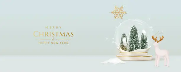 Vector illustration of Christmas and New Year greeting card with transparent snow globe, trees, snowflake, deer and confetti.