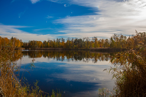 Autumn Landscape with River, Trees and Blue Sky in Sunny Day