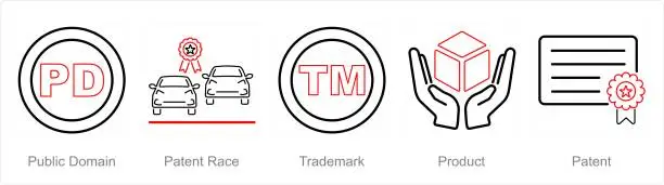 Vector illustration of A set of 5 Intellectual Property icons as public domain, patent race, trademark