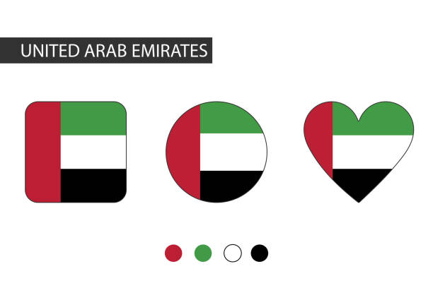 объединенные арабские эмираты 3 фигуры (квадрат, круг, сердце) с городским флагом. изолирован на белом фоне. - united arab emirates flag circle united arab emirates flag stock illustrations