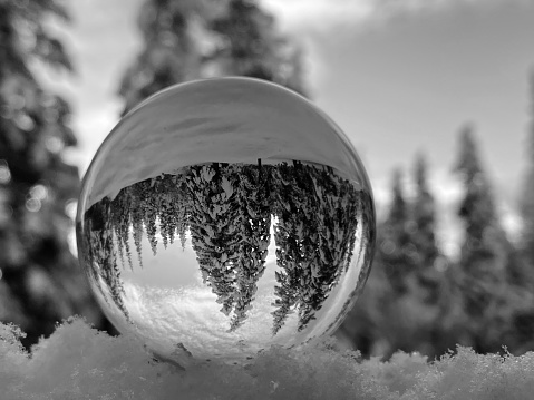 The beauty of a winter scene is reflected in a crystal ball. Alaska’s winter snow makes for stunning photo opportunities.