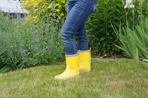 Women's feet in yellow rubber boots and jeans in the garden. Gardening and country recreation. Trendy gumboots.