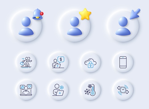 Timer, Video conference and Freezing line icons. Placeholder with 3d cursor, bell, star. Pack of Cloud protection, Smartphone, Business person icon. Social media, –°ompetition pictogram. Vector