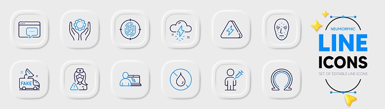 Nurse, Lightning bolt and Seo message line icons for web app. Pack of Face biometrics, Fake news, No waterproof pictogram icons. Employee hand, Omega, Fingerprint signs. Neumorphic buttons. Vector