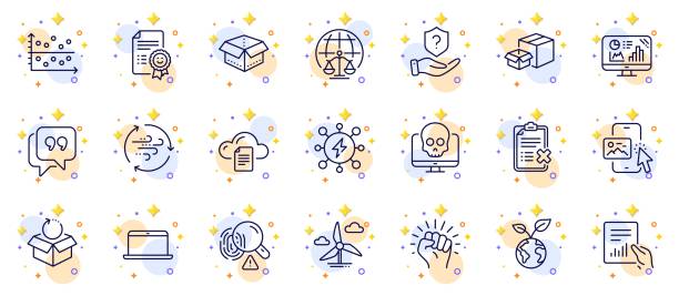 Outline set of Smile, Protection shield and Power line icons for web app. Pictogram icon. Vector Outline set of Smile, Protection shield and Power line icons for web app. Include Document, Magistrates court, Open box pictogram icons. Fingerprint, Quote bubble, Windmill turbine signs. Vector box plot graph stock illustrations