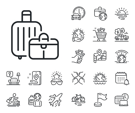 Travel luggage sign. Plane jet, travel map and baggage claim outline icons. Baggage line icon. Journey bag claim symbol. Baggage line sign. Car rental, taxi transport icon. Place location. Vector