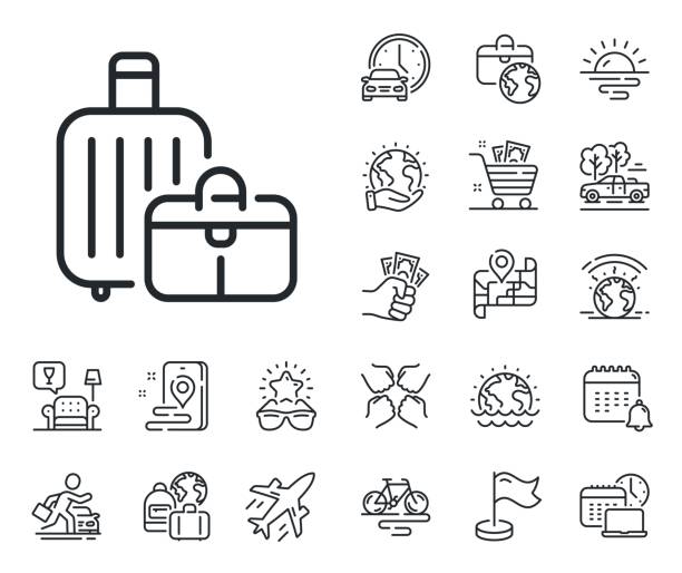 Baggage line icon. Travel luggage bag sign. Plane jet, travel map and baggage claim. Vector Travel luggage sign. Plane jet, travel map and baggage claim outline icons. Baggage line icon. Journey bag claim symbol. Baggage line sign. Car rental, taxi transport icon. Place location. Vector airport sunrise stock illustrations