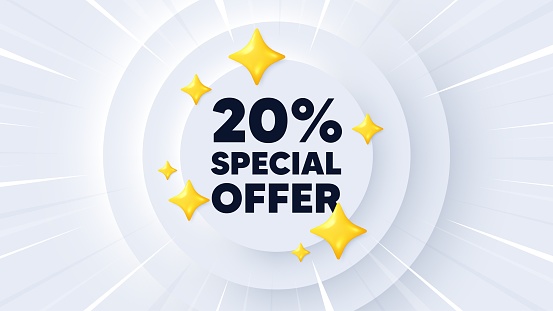 20 percent discount offer tag. Neumorphic banner with sunburst. Sale price promo sign. Special offer symbol. Discount message. Banner with 3d stars. Circular neumorphic template. Vector