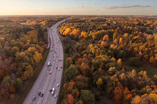 Aerial view of the E4 highway north of Stockholm in autumn.