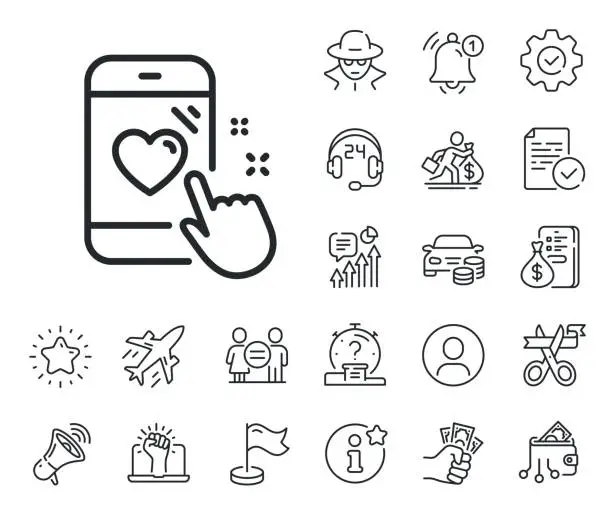 Vector illustration of Heart rating line icon. Feedback phone sign. Salaryman, gender equality and alert bell. Vector