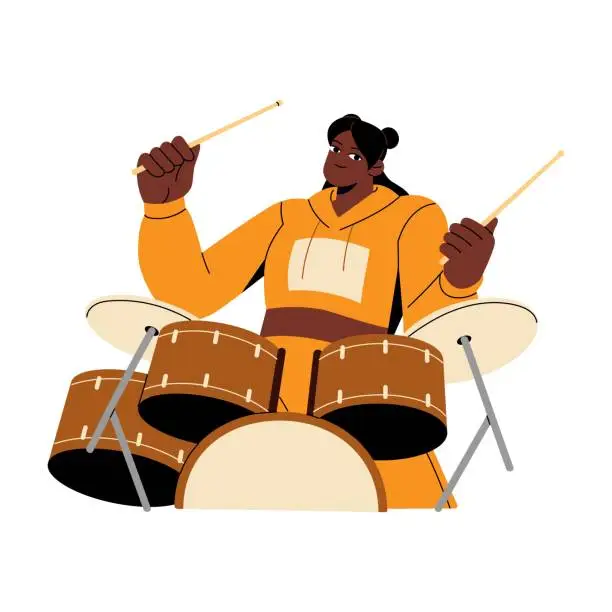 Vector illustration of Musician with drumsticks perform on drum kit. Drummer make beat, rhythm. Young woman study to play on percussion instrument on music lesson. Flat isolated vector illustration on white background