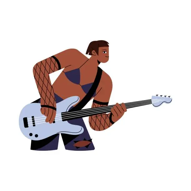 Vector illustration of Rock concert, performance. Professional musician perform on string instrument. Guitarist play electric guitar on stage. Rocker show metal music. Flat isolated vector illustration on white background
