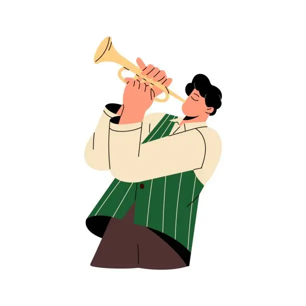 Vector illustration of Jazz man standing on stage, blowing in horn. Professional musician performs on wind instrument. Orchestral performer plays trumpet. Solo performance. Flat isolated vector illustration on white