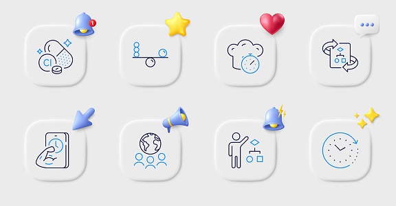 Chlorine mineral, Algorithm and Technical algorithm line icons. Buttons with 3d bell, chat speech, cursor. Pack of Global business, Cooking timer, Balance icon. Fitness, Time change pictogram. Vector