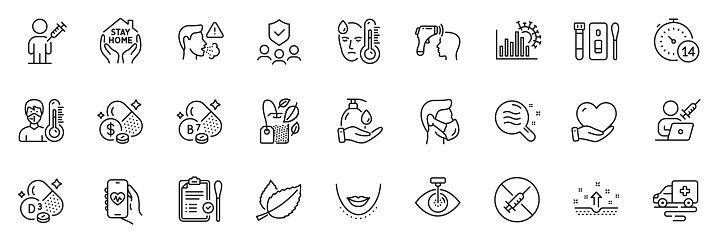 Icons pack as Skin condition, Medicine price and Chin line icons for app include Nasal test, Medical mask, Stay home outline thin icon web set. People vaccination, Thermometer. Vector