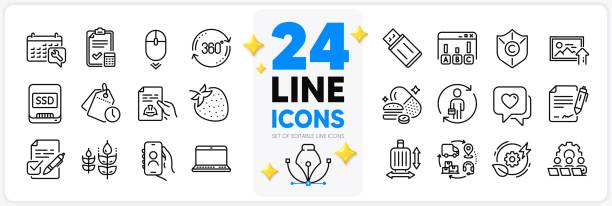 Icons set of Notebook, User call and Scroll down line icons. For web app. Vector Icons set of Notebook, User call and Scroll down line icons pack for app with Supply chain, Baggage size, Teamwork thin outline icon. Green energy, Upload photo, Copyright protection pictogram. Vector copyright free medical stock illustrations