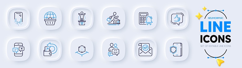 Winner podium, Car rental and Calculator alarm line icons for web app. Pack of Communication, Smartphone recovery, Augmented reality pictogram icons. Like, Online shopping. Neumorphic buttons. Vector