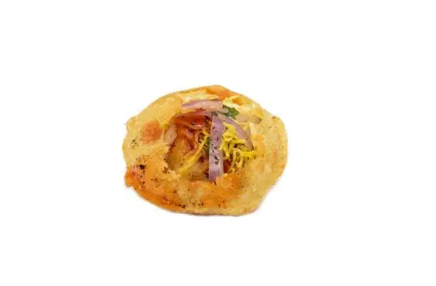 Panipuri or Golgappa Filled with Potato, Spices, Onion Isolated on White Background with Copy Space, Also Known as Paani Patashi, Water Pancakes, Gol Gappay, Fuchka, Phuchka, Water Ball or Gupchup.