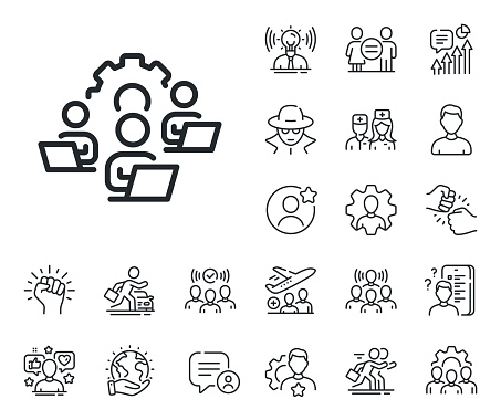 Remote office sign. Specialist, doctor and job competition outline icons. Teamwork line icon. Team employees symbol. Teamwork line sign. Avatar placeholder, spy headshot icon. Strike leader. Vector