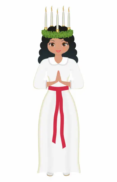 Vector illustration of Wonderful Saint Lucia girl in traditional clothing. Scandinavian tradition on the 13 december. Vector illustration.