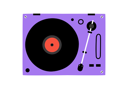 Hand drawn cute cartoon illustration of retro vinyl record player top view. Flat vector old audio equipment with plate sticker in colored doodle style. Vintage device for listening music. Isolated.